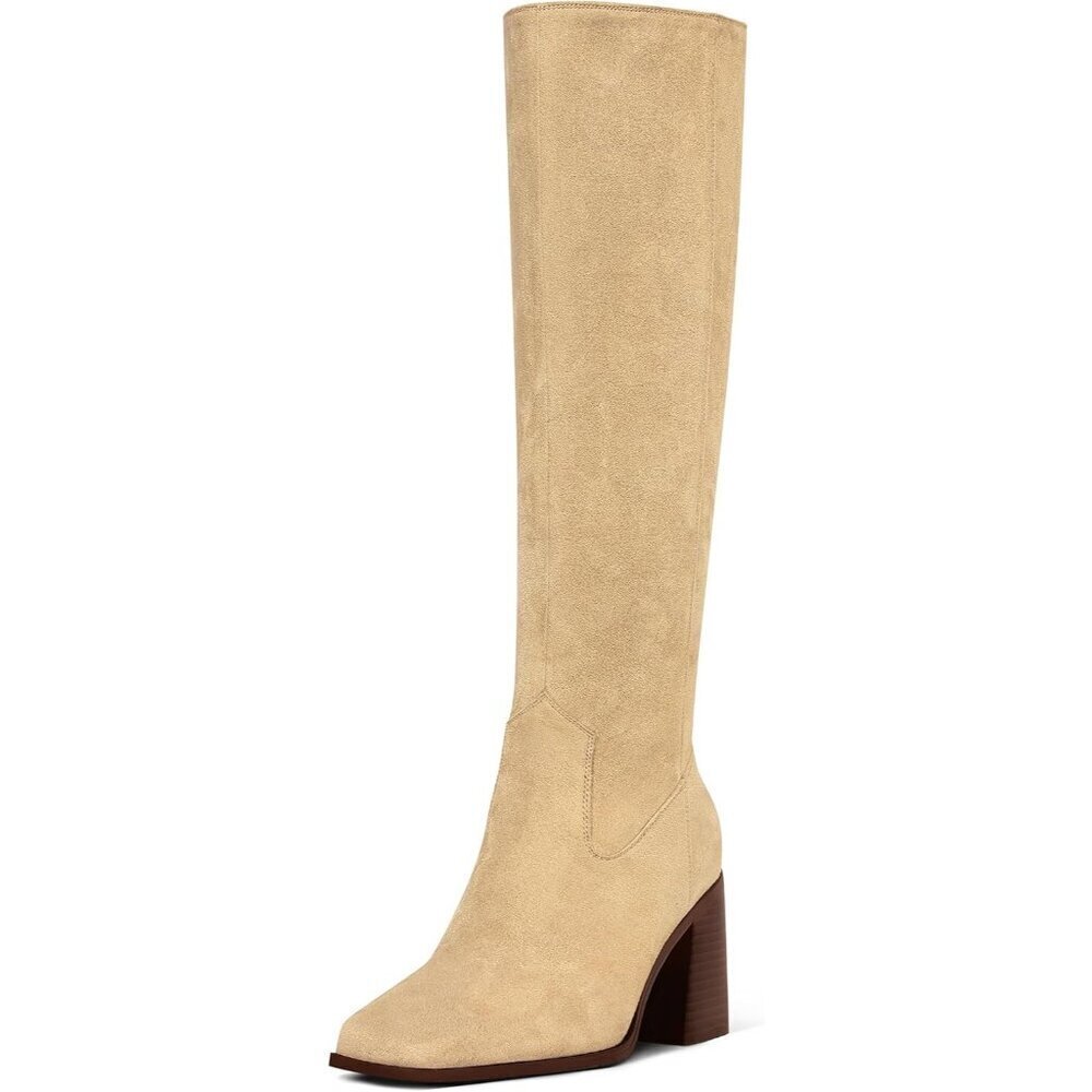 Women Nude Polyurethane Knee High Square Toe Side Zipper Block Heel Tall Boots